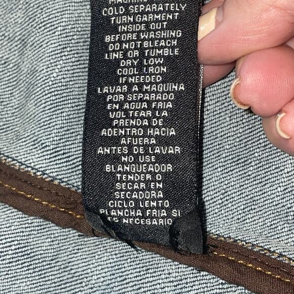 E by ECI Tailored Jacket Blue Denim Embroidered Floral Collared Snaps Read Size - Picture 11 of 11